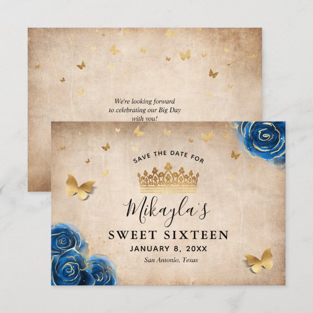 Royal Blue and Gold Rose Parchment Elegante Save The Date (Vorne/Hinten)