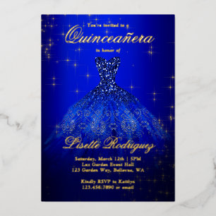 Royal Blue and Gold Themed Quinceanera Real Folieneinladung