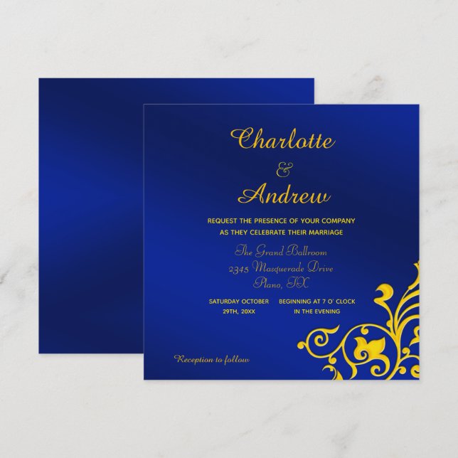 Royal Blue and Gold Wedding Einladung (Vorne/Hinten)