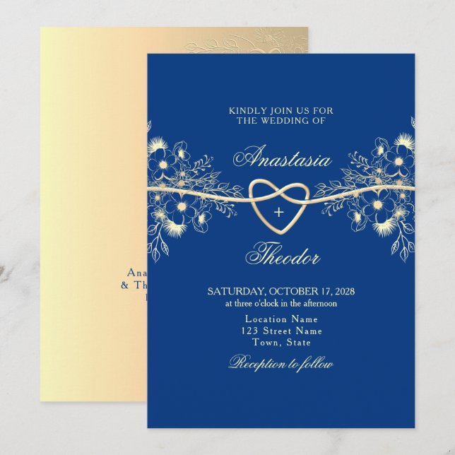 Royal Blue and Gold Wedding Einladung (Vorne/Hinten)