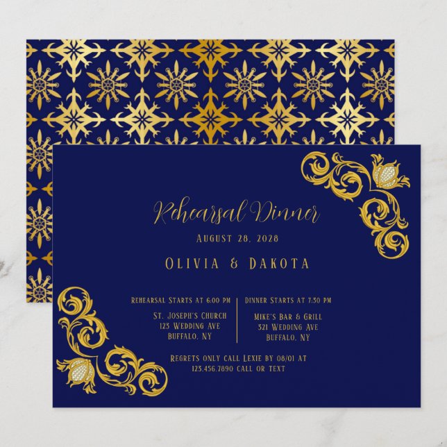Royal Blue and Gold Wedding Probe Dinner Einladung (Vorne/Hinten)