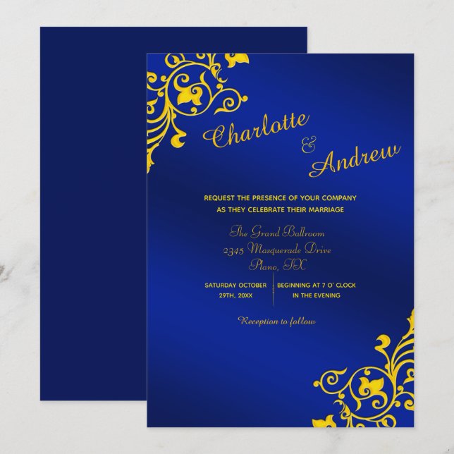 Royal Blue and Golden Yellow Floral Wedding Einladung (Vorne/Hinten)