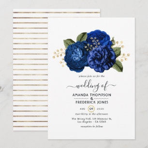 Royal Blue and Imitate Foil Gold Floral Wedding Einladung