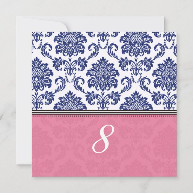 Royal Blue and Pink Damask Tischnummer (Vorderseite)
