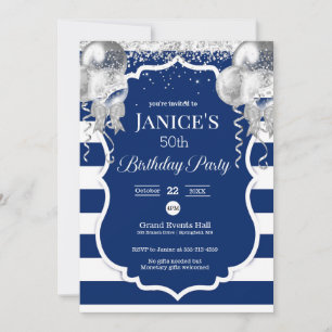 Royal Blue and Silver Balloons Invitation d'annive