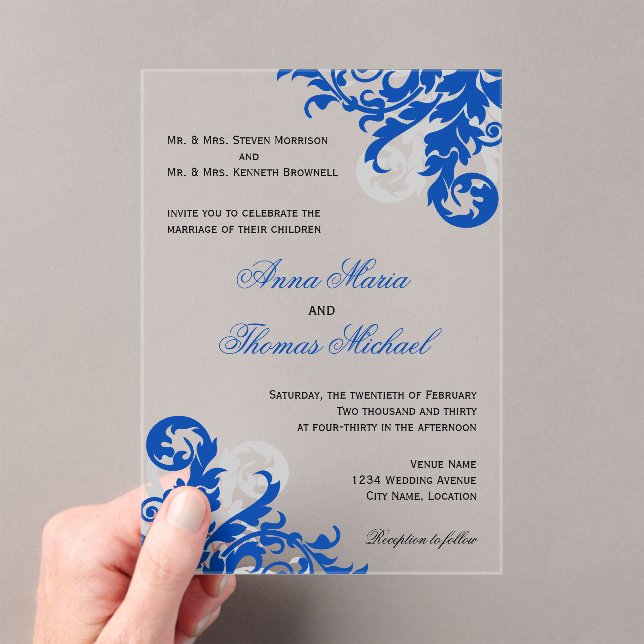 Royal Blue and Silver Blüh Wedding Acryleinladungen (Insitu (Handheld))