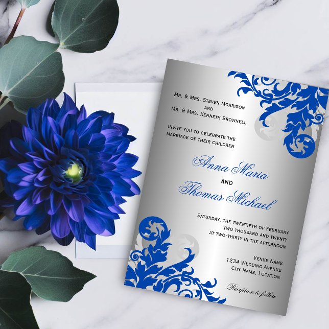 Royal Blue and Silver Blüh Wedding Einladung (Celebrate your royal blue themed wedding by sending out these elegant flourish / swirl invitations.)