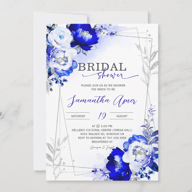 Royal Blue and Silver Bridal Dusche Einladung (Vorderseite)