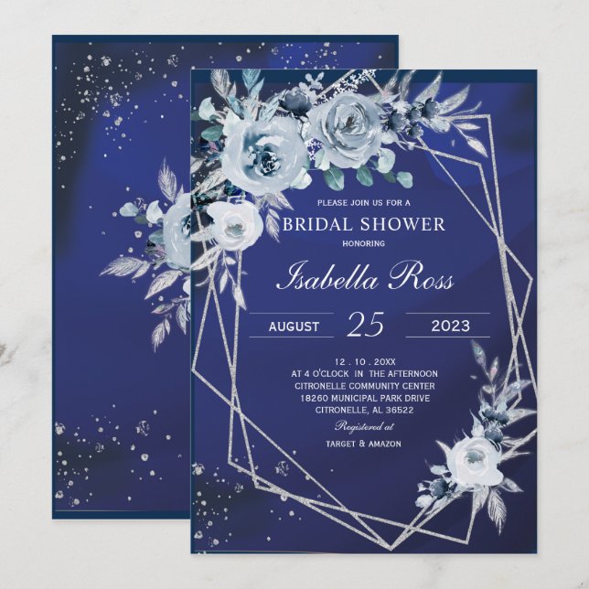 Royal Blue and Silver Bridal Dusche Einladung (Vorne/Hinten)