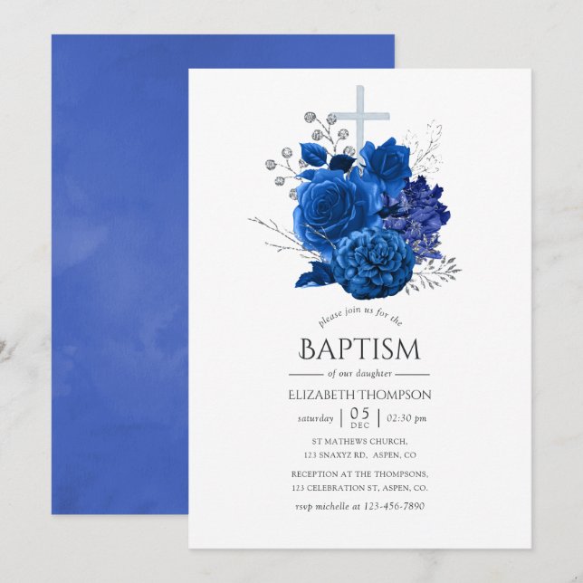 Royal Blue and Silver Floral Baptisse Einladung (Vorne/Hinten)