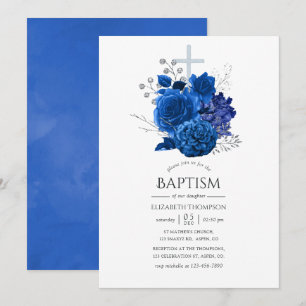 Royal Blue and Silver Floral Baptisse Einladung