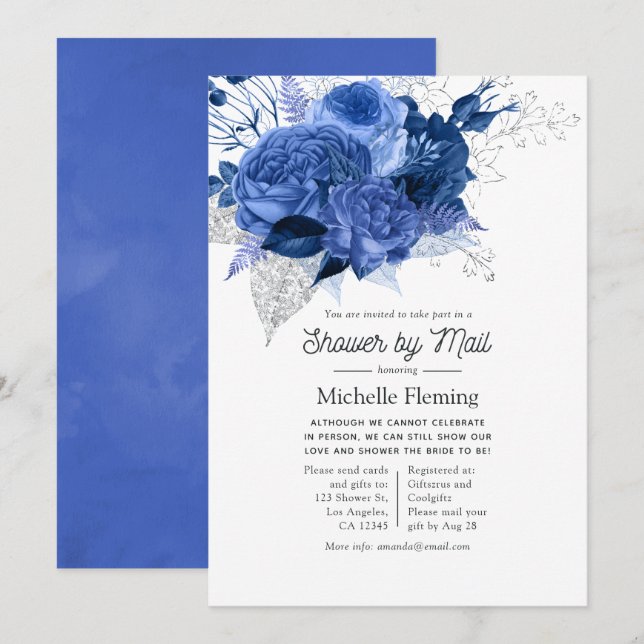 Royal Blue and Silver Floral Brautparty by Mail Einladung (Vorne/Hinten)