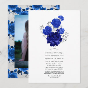 Royal Blue and Silver Floral Celebration of Life Einladung