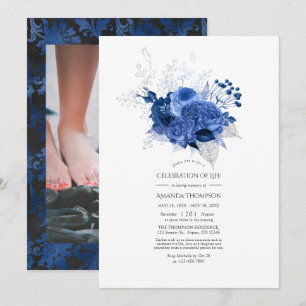 Royal Blue and Silver Floral Celebration of Life Einladung