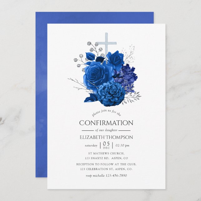Royal Blue and Silver Floral Confirmation Einladung (Vorne/Hinten)