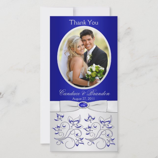Royal Blue and Silver Floral Foto Card Dankeskarte (Vorderseite)