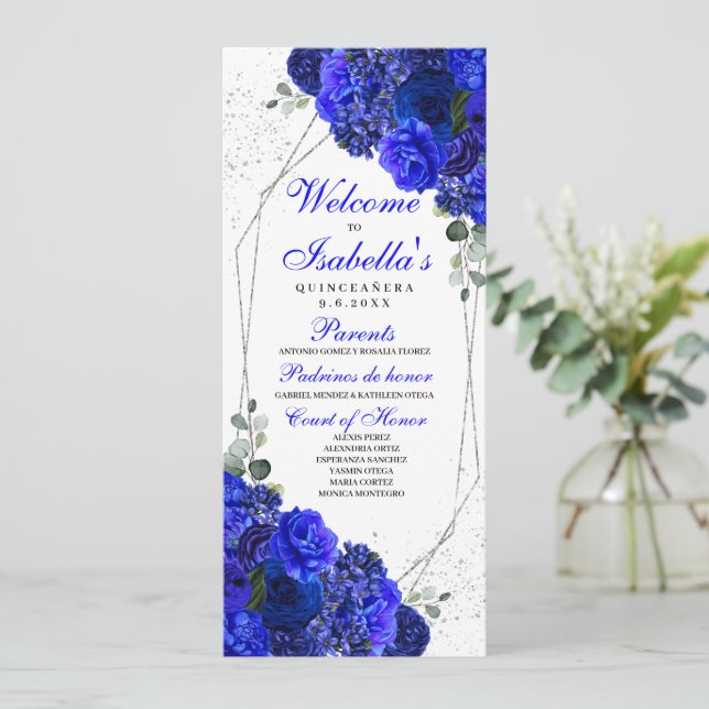 Royal Blue and Silver Floral Quinceanera Programm (Stehend Vorderseite)
