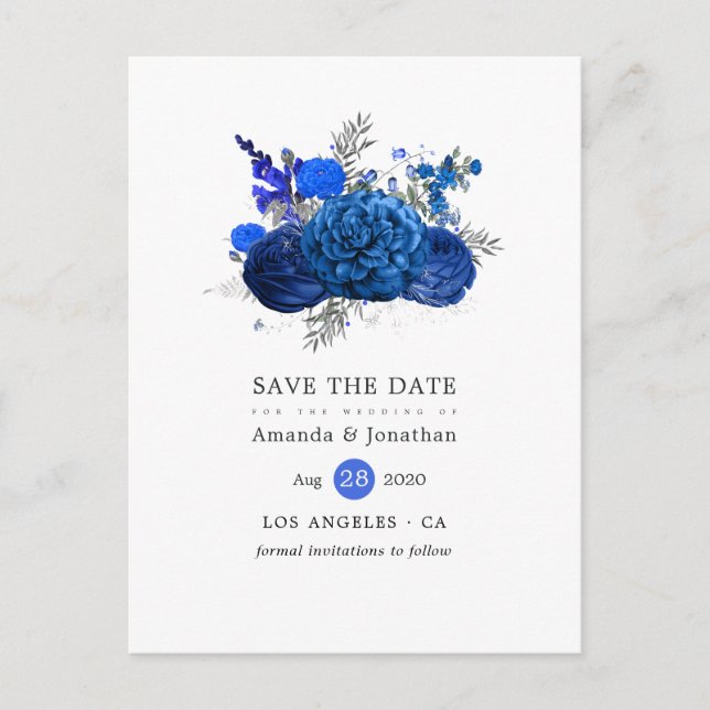 Royal Blue and Silver Floral Wedding Save the Date Ankündigungspostkarte (Vorderseite)