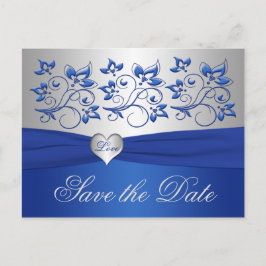 Royal Blue and Silver Heart Save the Date Card Ankündigungspostkarte