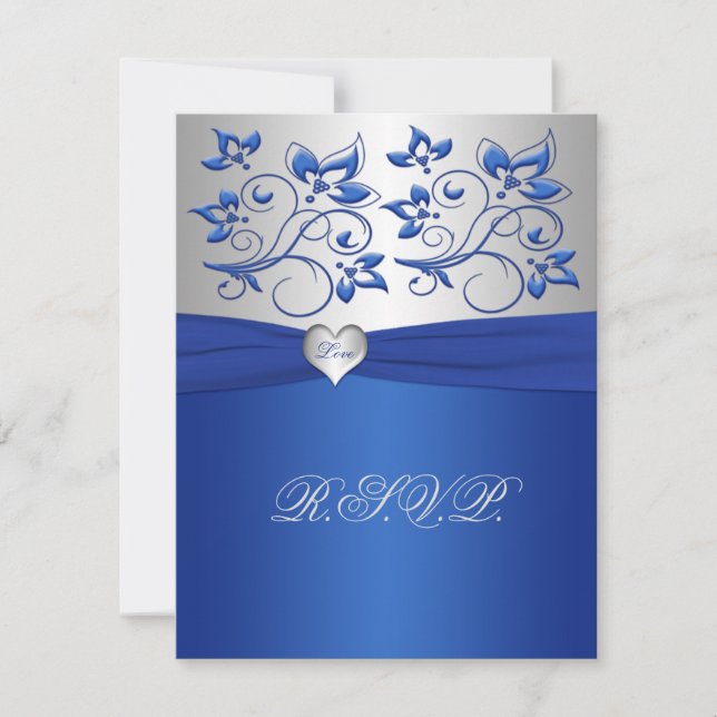Royal Blue and Silver Liebe Heart Repcard RSVP Karte (Vorderseite)
