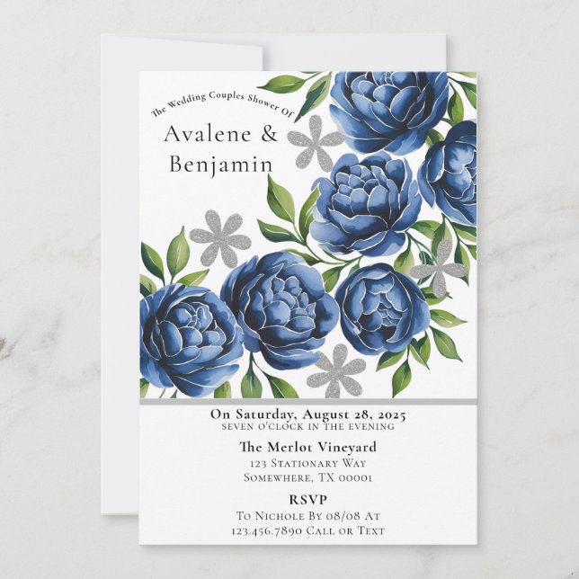 Royal Blue and Silver Peony Wedding Couples Dusche Einladung (Vorderseite)