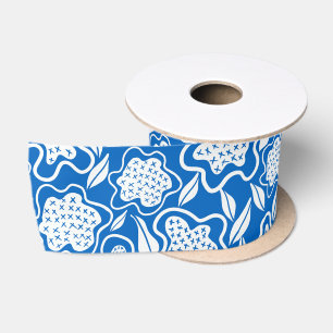 Royal Blue and White Cross Stitch Floral Satinband