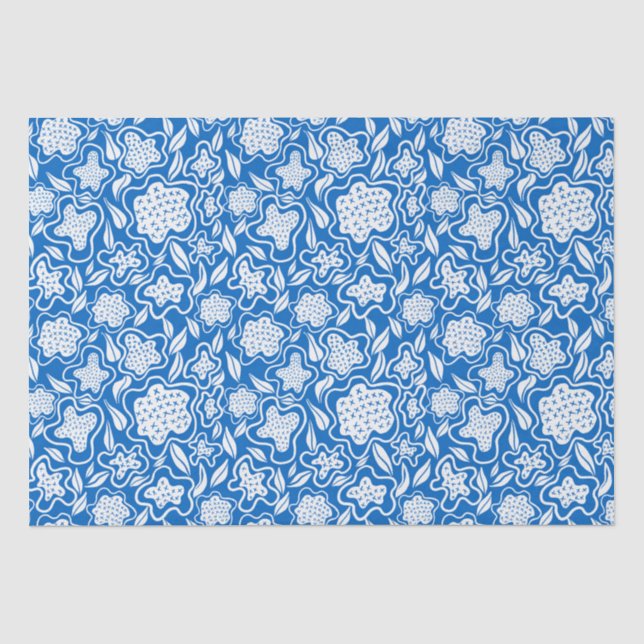 Royal Blue and White Cross Stitch Floral Seidenpapier (Vorderseite)