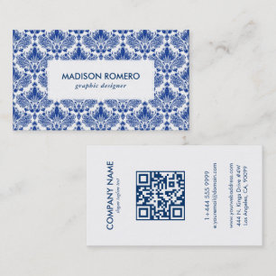 Royal Blue and White Damaskas Muster QR-Code Visitenkarte