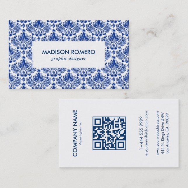 Royal Blue and White Damaskas Muster QR-Code Visitenkarte (Vorne/Hinten)