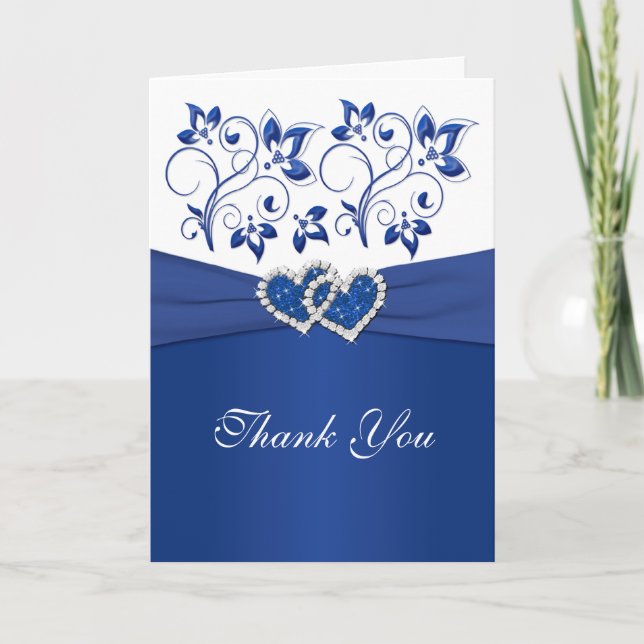 Royal Blue and White Joined Hearded Danke-Card Dankeskarte (Vorderseite)