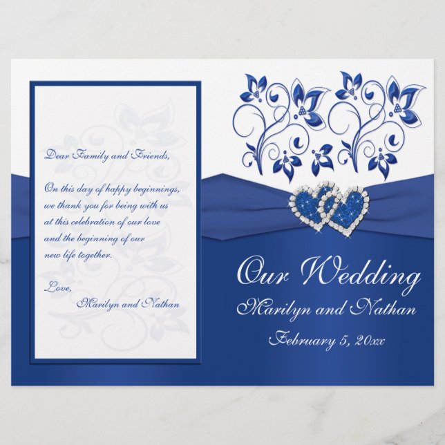 Royal Blue and White Joined Hearts Wedding Program (Vorderseite)