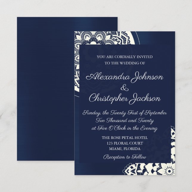 Royal Blue and White Mandala Wedding Einladung (Vorne/Hinten)