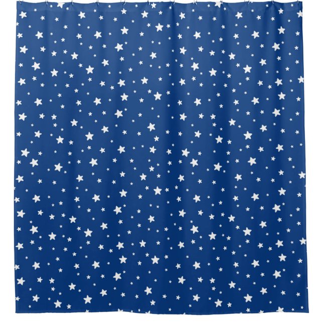 Royal Blue and White Stars Celestial Sky Duschvorhang (Vorderseite)