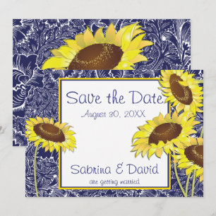 Royal Blue and Yellow Sunflows Save the Date Einladung
