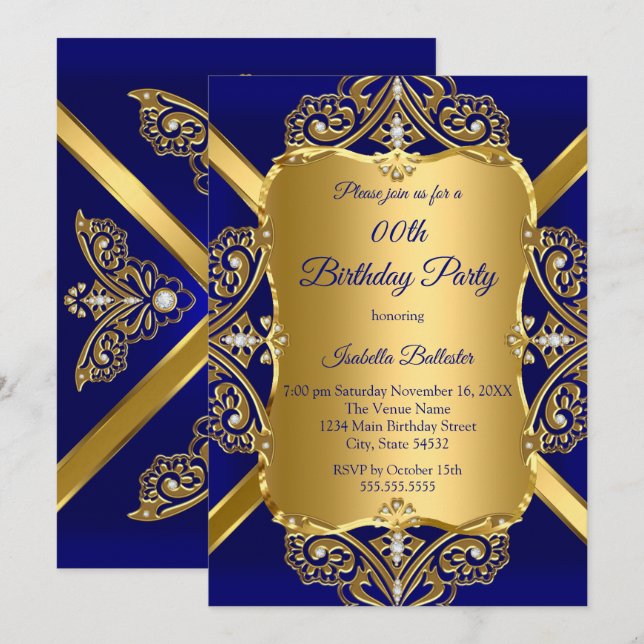 Royal Blue Any Age Birthday Party Gold Diamond 2 Einladung (Vorne/Hinten)