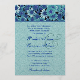Royal Blue & Aqua Daisy Wedding Premium Metallic Einladung