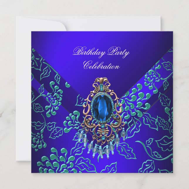 Royal Blue Aquamarin Damask Floral Birthday Party Einladung (Vorderseite)