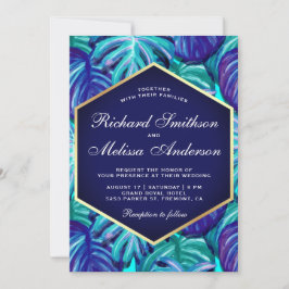 Royal Blue Aquamarin Gold Foil Tropical Blätter We Einladung