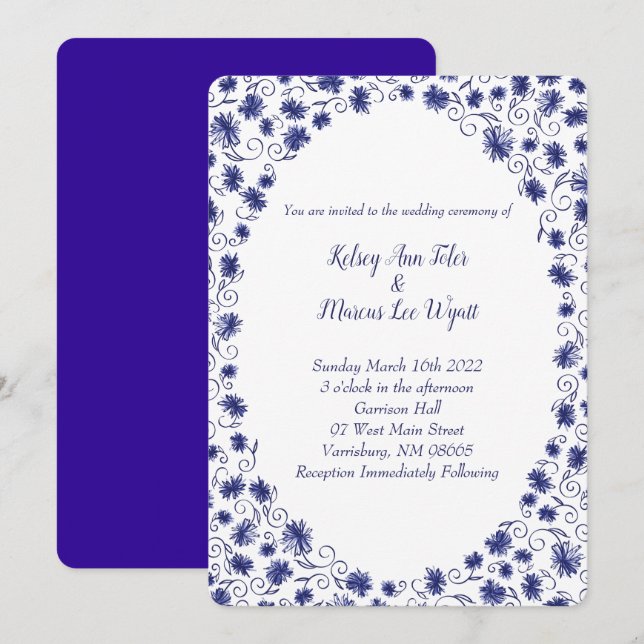 Royal Blue Aster Flower Wedding Invitations (Devant / Derrière)