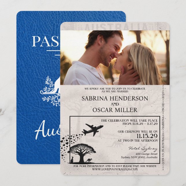 Royal Blue Australia Passport Wedding Einladung (Vorne/Hinten)