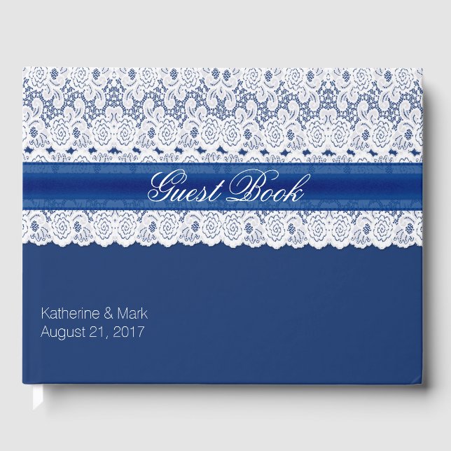 Royal Blue avec dentelle Mariage livre d'hôtes (Recto)