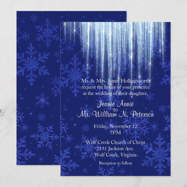 Royal Blue avec Icicles Hiver Mariage Invitation (Devant / Derrière)