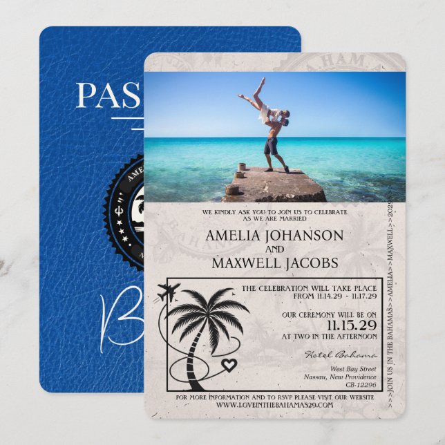 Royal Blue Bahamas Passport Wedding Einladung (Vorne/Hinten)