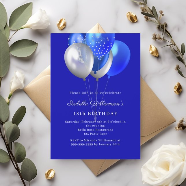Royal blue balloons birthday einladungspostkarte (Von Creator hochgeladen)