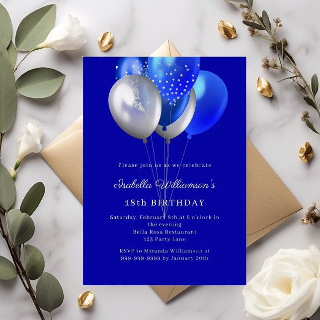 Royal blue balloons birthday silver folieneinladung (Von Creator hochgeladen)