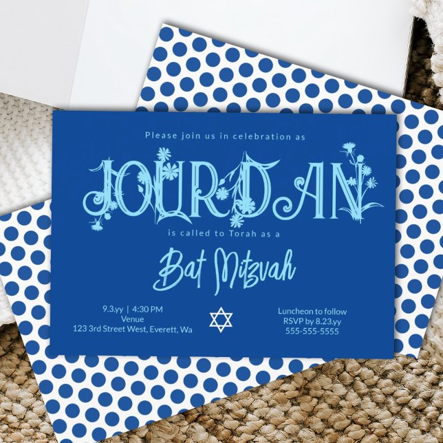 Royal Blue Bat Mitzvah Floral, Polka Dots Einladung (royal blue floral bat mitzvah invitation typographical letters word art wild flowers floral spring )
