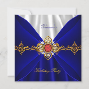 Royal Blue Birthday Gold Red Jewel White Silk Einladung