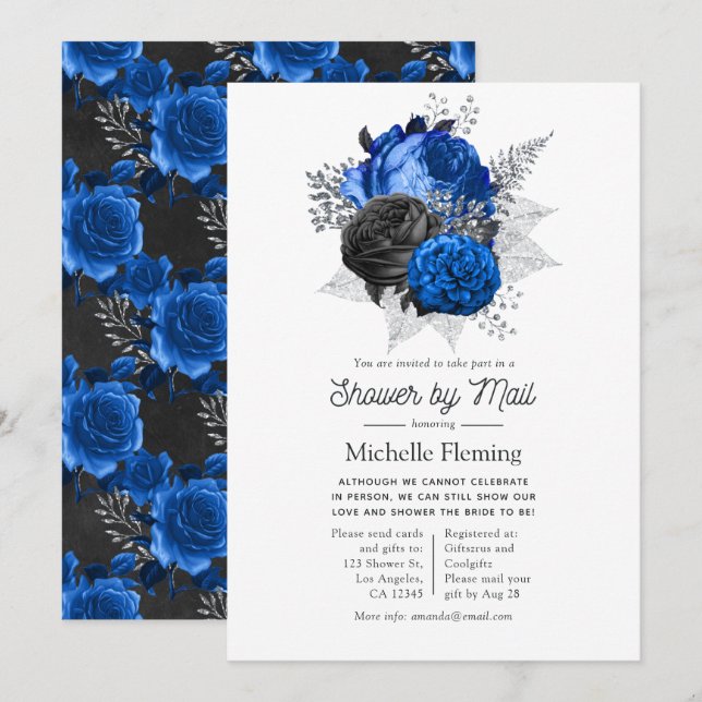 Royal Blue, Black and Silver Floral Dusche von Mai Einladung (Vorne/Hinten)