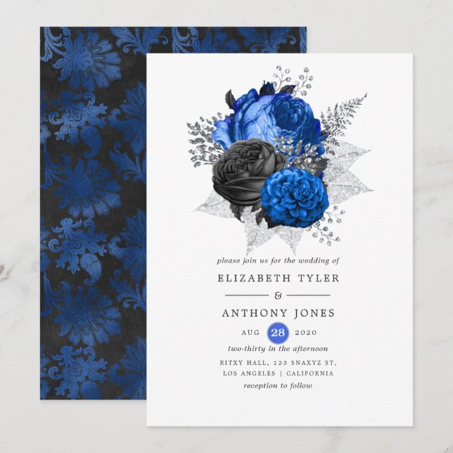 Royal Blue, Black and Silver Floral Wedding Einladung (Vorne/Hinten)