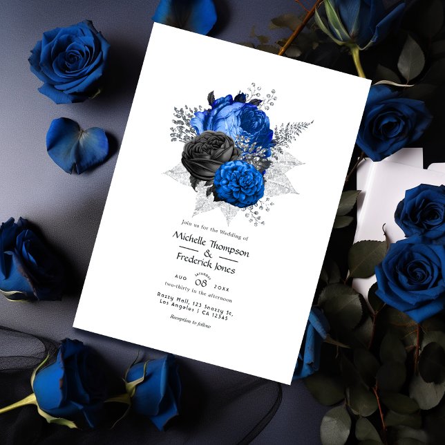 Royal Blue, Black and Silver Floral Wedding Einladung (Von Creator hochgeladen)